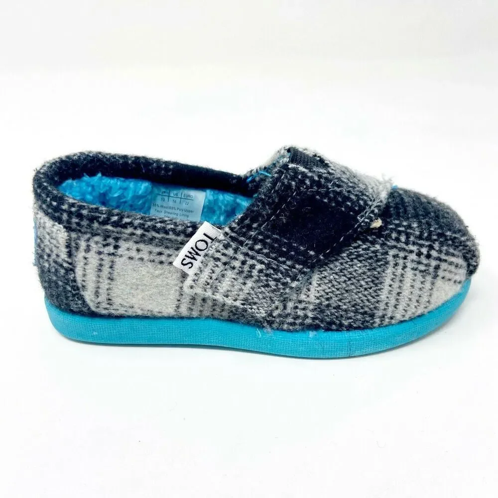 Toms Classics Grey Plaid Tiny Toddler Slip On Casual Canvas Flat Shoes